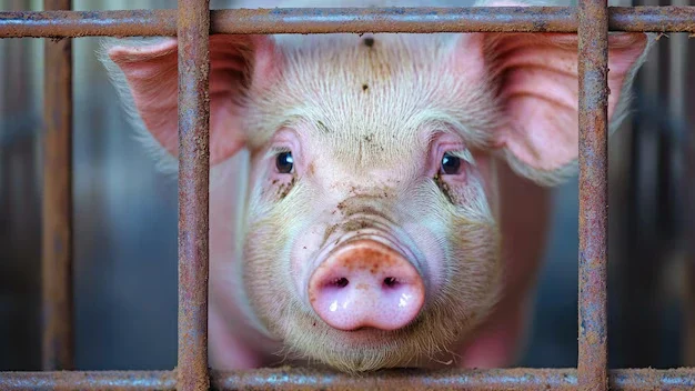 Zaskrbljen prašiček v kletki, ki trpi in izkazuje strah.